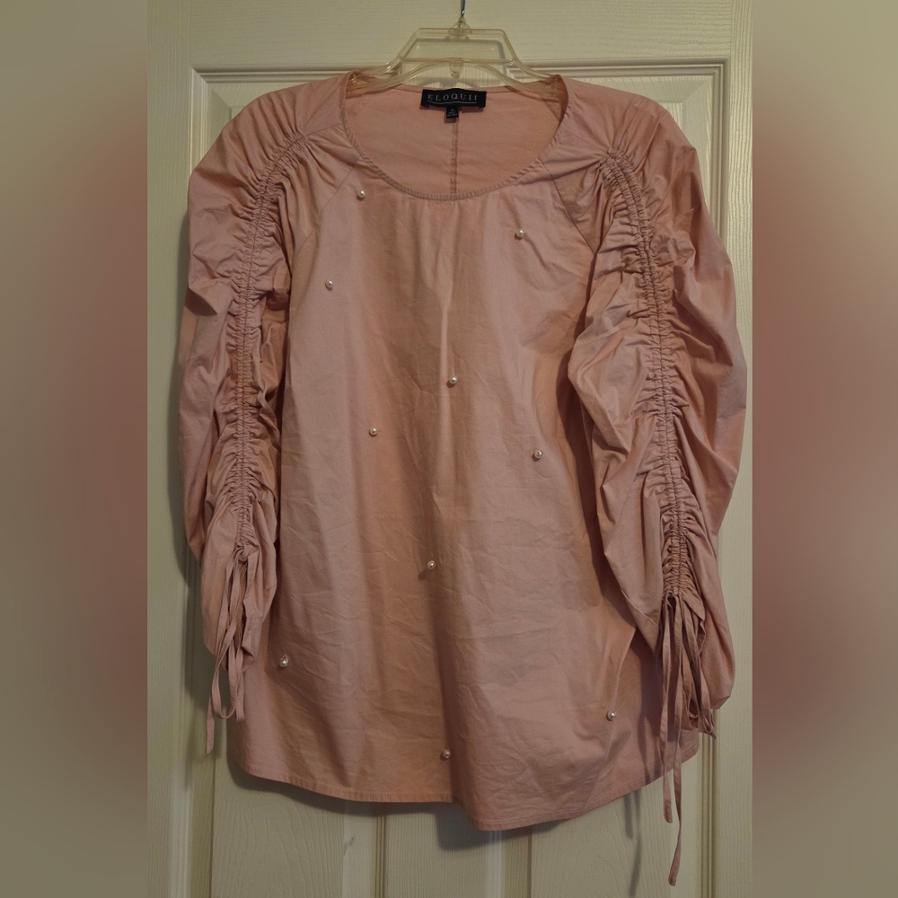 Eloquii Blush Ruched Sleeve Blouse with Pearl Details
